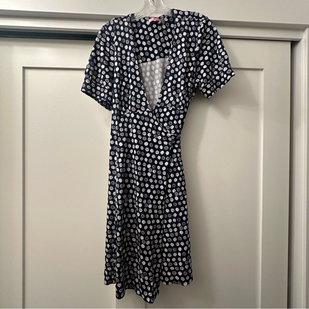 Lilly Pulitzer Downie Blue and White Citrus Fruit Wrap Dress 100% Silk Size 14